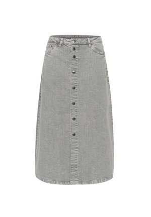 Gonna midi in denim grigio con silhouette dritta, chiusura frontale a bottoni e tasche laterali. Il tessuto ha una texture sottile e una finitura morbida.