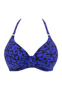 Blue and black patterned bra with a classic triangle design, adjustable straps, and smooth fabric. Features metal hardware accents.