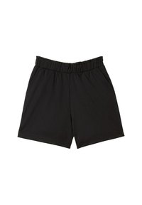 Shorts noirs à taille élastique avec poches latérales, en tissu léger texturé, adaptés pour un usage décontracté.