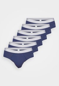 Marineblaue Baumwollslips mit einem weichen grauen Bund, der eine enge Passform und ein dezentes Logo-Detail aufweist. Set aus sieben Artikeln.