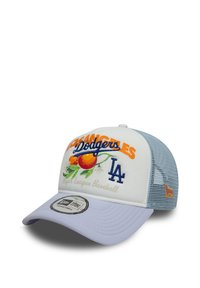 White and light blue baseball cap with a mesh back, featuring multicolor embroidered text and fruit design. Adjustable size with logo patch.
