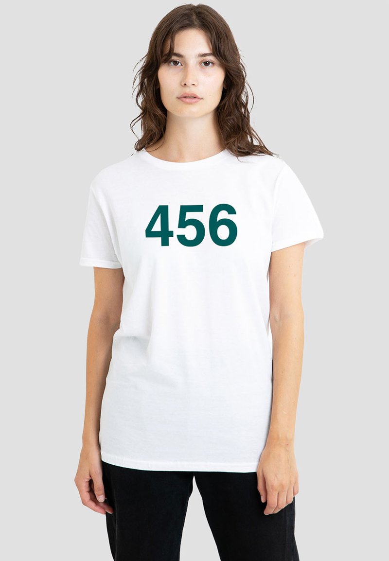 White cotton t-shirt featuring large dark green number "456" printed on the front, crew neckline, and short sleeves.