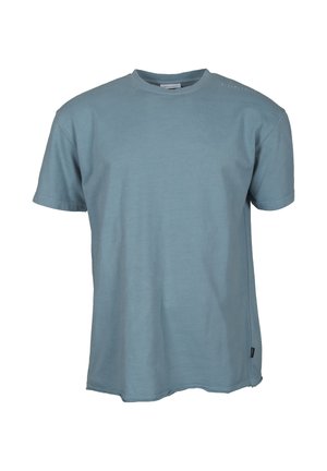 T-shirt à manches courtes bleu clair uni avec col rond, coutures discrètes et petite étiquette noire sur la couture latérale.