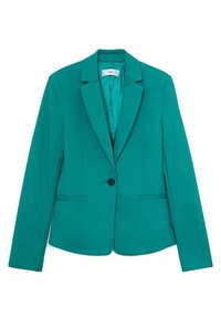 Turkusowa marynarka z klapami, zapinana na jeden guzik, z dwoma przednimi kieszeniami oraz gładką fakturą. Dopasowany krój i jednolity kolor.