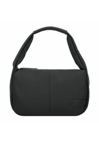 Sac à main en cuir noir avec une bandoulière courbée et rembourrée, texture lisse et détails de couture subtils sur le panneau avant.