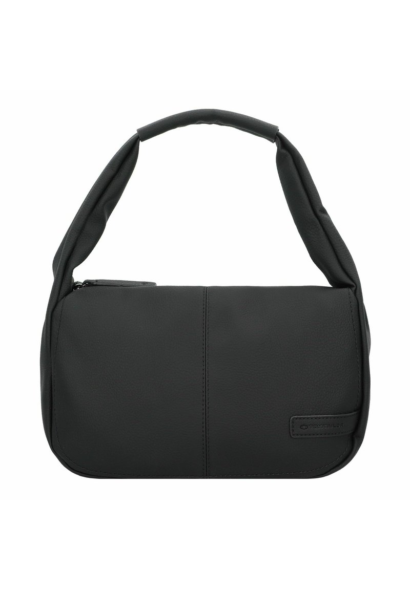 Sac à main en cuir noir avec une bandoulière courbée et rembourrée, texture lisse et détails de couture subtils sur le panneau avant.