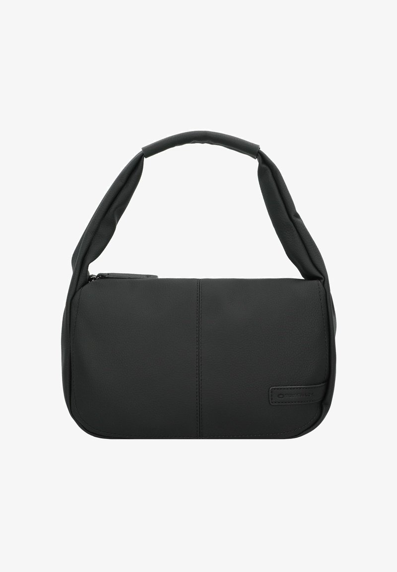 Sac à main en cuir noir avec une bandoulière courbée et rembourrée, texture lisse et détails de couture subtils sur le panneau avant.