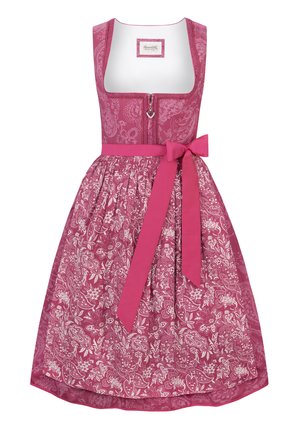 Pink dress with floral patterns, a fitted bodice, and a full skirt. Features a zipper front and a matching bow at the waist.