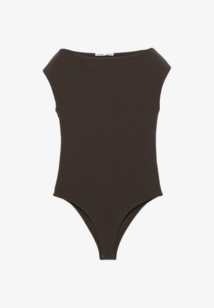 Temno rjava bodi brez rokavov z širokim zelenim vratom in prilegajočo se silhueto, zasnovan za vsakodnevno ali formalno žensko oblačilo.