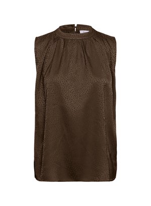 Hihaton tummanruskea satiinipusero, jossa on hienovarainen eläinkuosi, korkeasti kerrostettu pääntie ja takana nappikiinnitys.