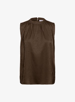 Hihaton tummanruskea satiinipusero, jossa on hienovarainen eläinkuosi, korkeasti kerrostettu pääntie ja takana nappikiinnitys.