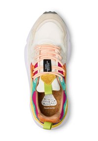 Colorful sneaker featuring cream leather and suede upper, with pink, green, yellow, and blue accents, textured insole, and orange laces.
