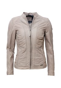 Beige läderjacka med ståkrage, asymmetrisk dragkedja framtill och två fickor på sidan. Har sömmar detaljerade på framsidan.