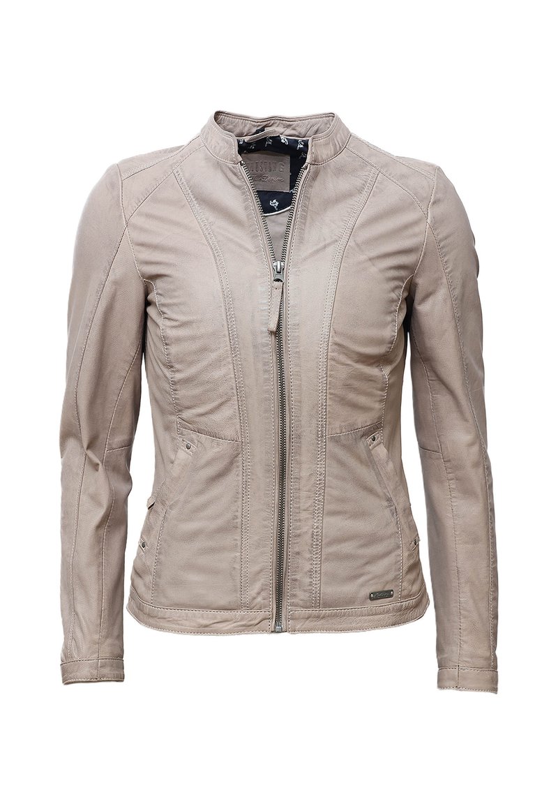 Beige läderjacka med ståkrage, asymmetrisk dragkedja framtill och två fickor på sidan. Har sömmar detaljerade på framsidan.