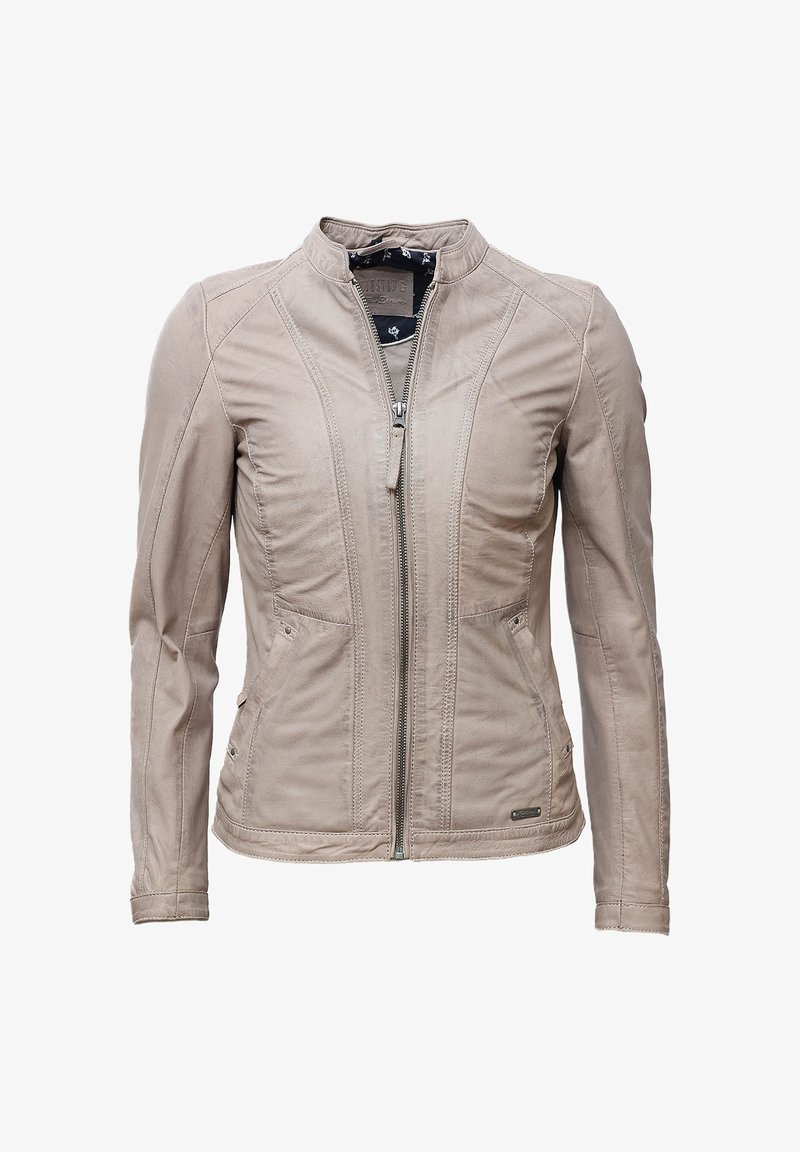 Beige läderjacka med ståkrage, asymmetrisk dragkedja framtill och två fickor på sidan. Har sömmar detaljerade på framsidan.