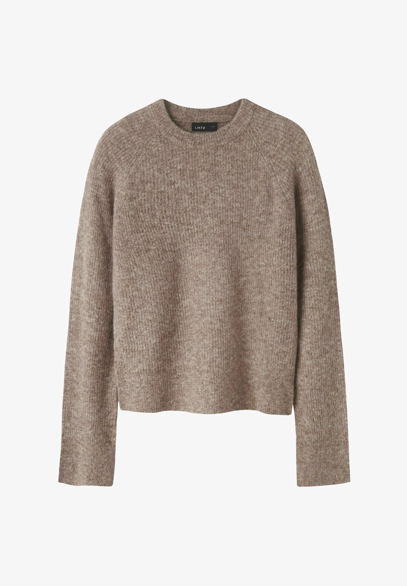 Maglione marrone, strutturato, con scollatura a girocollo e maniche lunghe. Il tessuto sembra morbido e caldo, con un delicato motivo tessuto.