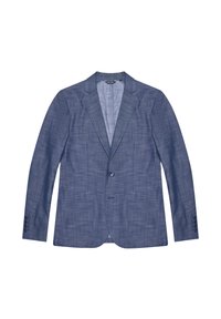 Blazer leggero blu con texture, colletto a risvolto, chiusura con un solo bottone e due tasche frontali. Presenta polsini con tre bottoni.
