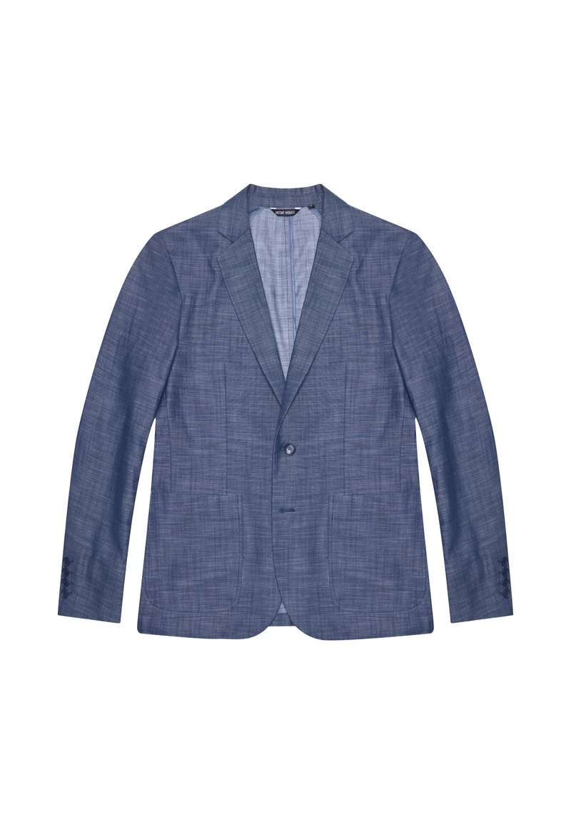 Blazer leggero blu con texture, colletto a risvolto, chiusura con un solo bottone e due tasche frontali. Presenta polsini con tre bottoni.