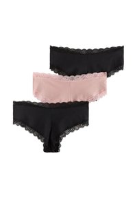 Pack of three panties featuring a pink one with black lace trim and two black ones with matching lace. Smooth fabric and mid-rise design.
