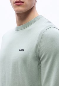 Νέος άνδρας που φοράει ανοιχτό πράσινο πουλόβερ με στρογγυλή λαιμόκοψη και μικρό μαύρο λογότυπο "BOSS" στο στήθος, εμφανιζόμενος από το λαιμό έως το μέσο του κορμού.