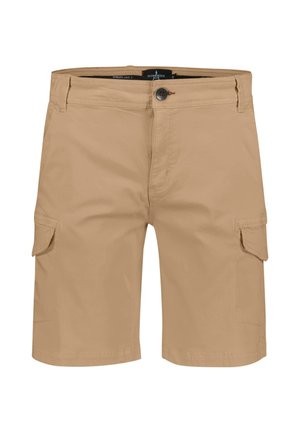 Beige cargoshorts met knoopsluiting, riemlussen en zijzakken met klep, weergegeven tegen een witte achtergrond.