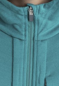 Felpa zip con cappuccio turchese, caratterizzata da un alto colletto, un tessuto morbido e una zip metallica con un tirante testurizzato.