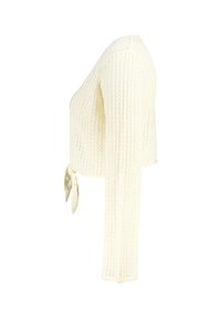 Pull en knit crème, à manches longues, avec un nœud sur le côté. Présente un motif texturé, affiché de profil.
