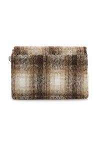 Pochette a quadri marrone e beige realizzata in morbido tessuto, con una superficie testurizzata e una forma rettangolare semplice con una cucitura superiore.