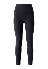 Høj taljede sorte leggings lavet af strækbart stof, med flade sømme og en sidelomme på venstre ben for øget bekvemmelighed.