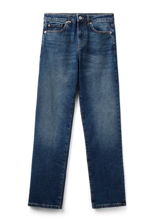 Blaue Jeans aus Denim mit geradem Bein, weicher Textur, vorderen Taschen und sichtbaren Nähten. Lockerer Schnitt und mittelhoher Bund.