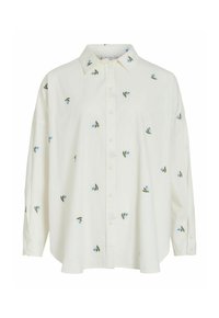 Chemise blanche à manches longues avec des boutons, ornée de petits motifs de fleurs bleues et de feuilles vertes éparpillés sur le tissu.