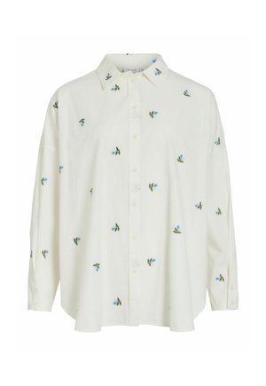 Balti ilgarankoviai marškiniai su sagomis, ant audinio išmėtyti maži mėlyni gėlių ir žalių lapų raštai.