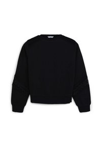 Felpa nera con dettagli in pizzo testurizzato sulle spalle e sulle maniche, scollatura tonda e polsini e orlo a coste. Tessuto morbido, design leggermente cropped.