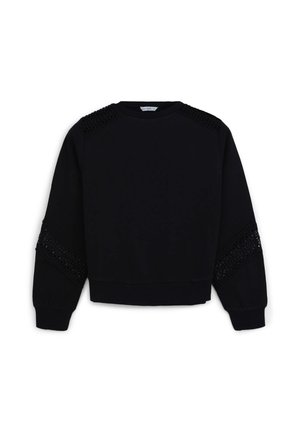 Schwarzes Sweatshirt mit strukturierten Spitzenakzenten an Schultern und Ärmeln, rundem Ausschnitt und gerippten Bündchen und Saum. Weicher Stoff, leicht verkürzter Schnitt.