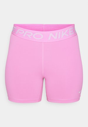 Nike Pro shorts in bright pink, made of smooth synthetic material. Features a wide logo waistband and slim fit design, with contrast stitching.