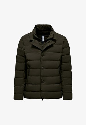Puffjacke in dunkelolivgrün, mit Knopfleiste, Stehkragen, steppartigem Design und zwei seitlichen Taschen für Wärme.