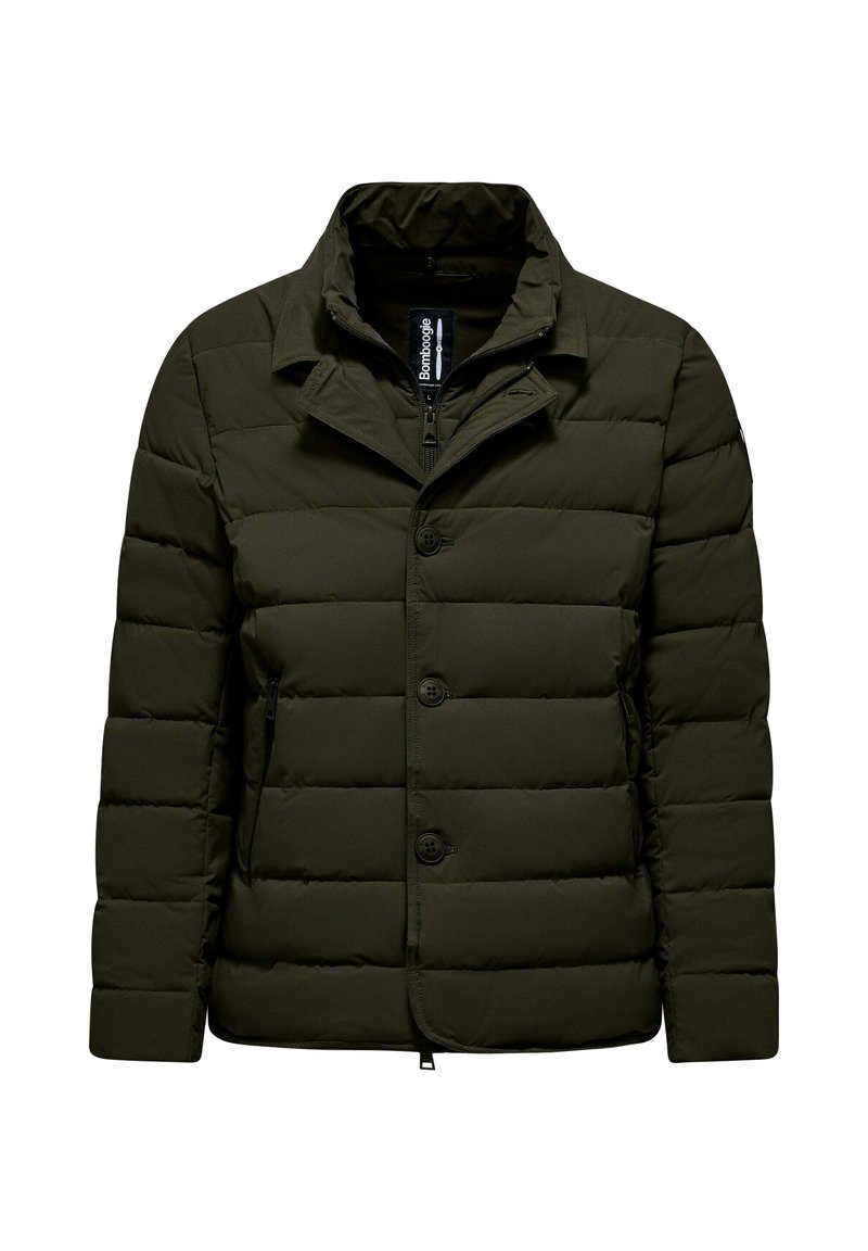 Puffer jacket in dark olive green, featuring a button front, stand collar, quilted design, and two side pockets for warmth.