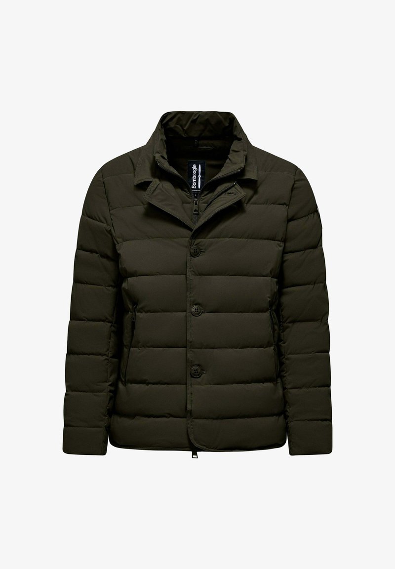 Puffer jacket in dark olive green, featuring a button front, stand collar, quilted design, and two side pockets for warmth.