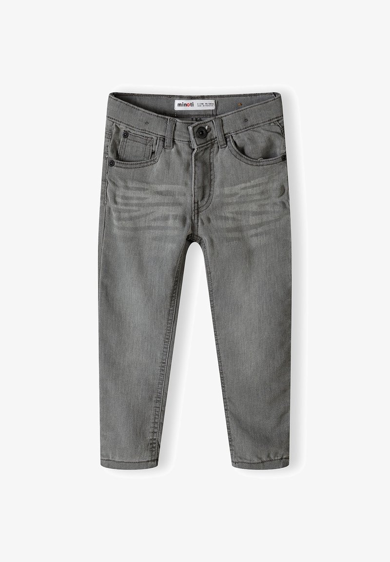 Jean en denim gris avec une coupe slim, cinq poches, fermeture à bouton et détails de décoloration subtils à l'avant. Tissu lavable en machine.
