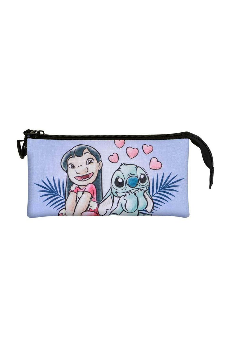 Trousse avec une surface en tissu bleu clair présentant un design de dessin animé d'une fille et de Stitch, entourés de cœurs roses et de feuilles de palmier.