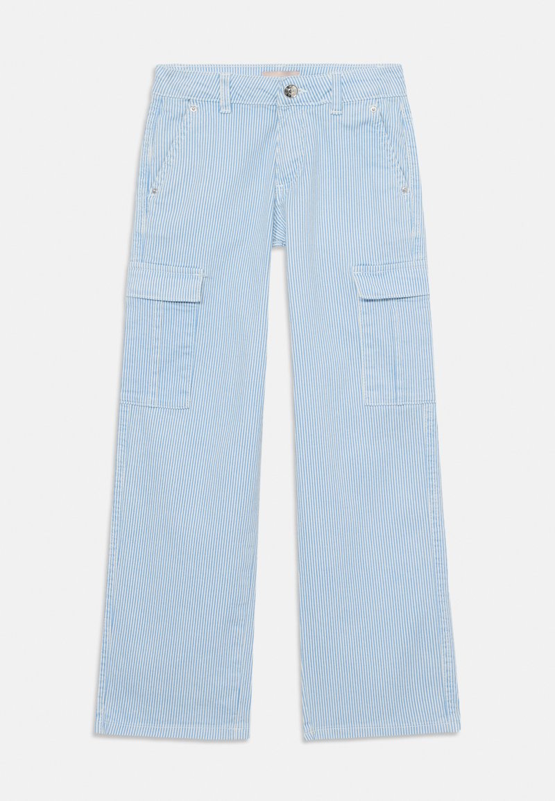 Modre in bele prugaste cargo hlače s širokimi nogami, ki imajo sprednje žepe, stranske cargo žepe in gumbasto zapiranje v pasu.