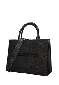 Sac à main noir texturé avec un motif floral, deux poignées arrondies et une bandoulière ajustable estampillée "CUSTO" en lettres grises.