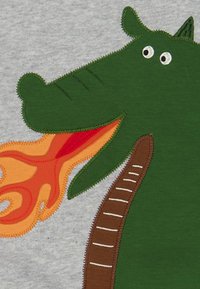 Il design di un drago verde su tessuto grigio presenta fiamme arancioni e rosse, accenti marroni e dettagli di cucitura bianchi sul corpo del drago.