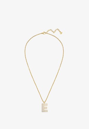 Collier délicat en chaîne d’or avec un pendentif en forme de lettre E rayée et un fermoir réglable.