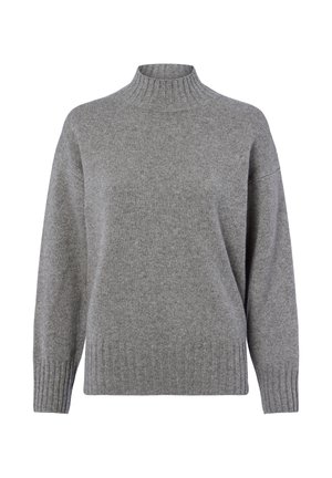 Harmaa neulepusero, jossa on korkea ribbireuna, laskeutuneet olkapäät sekä ribbireunukset hihansuissa ja helmassa. Pehmeä neulepinta, jossa on sileä viimeistely.