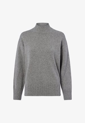Gray pullover sweater with a high ribbed neck, dropped shoulders, and ribbed cuffs and hem. Soft knit texture with a smooth finish.