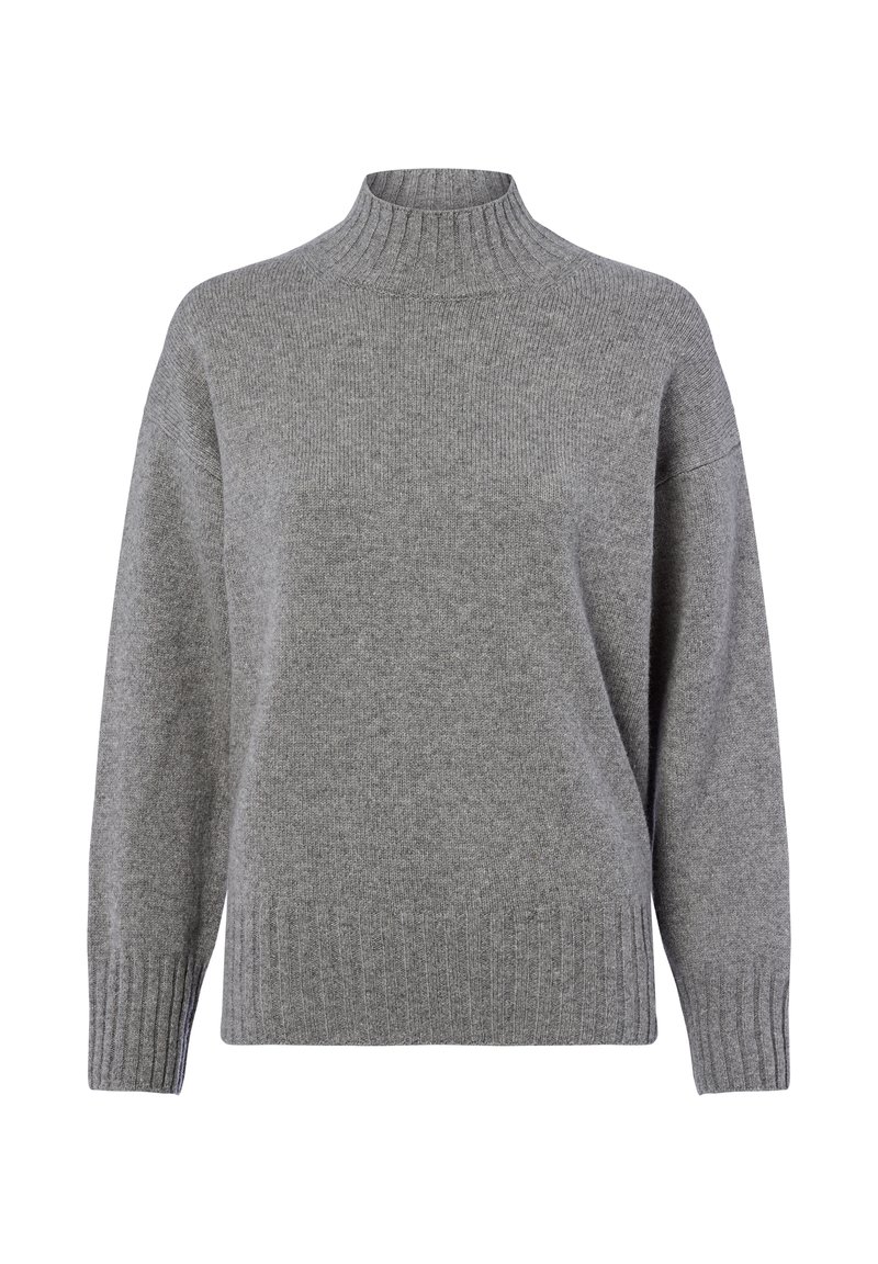 Grauer Pullover mit hohem geripptem Kragen, überschnittenen Schultern sowie gerippten Ärmelbündchen und Saum. Weicher Strickstoff mit glatter Oberfläche.