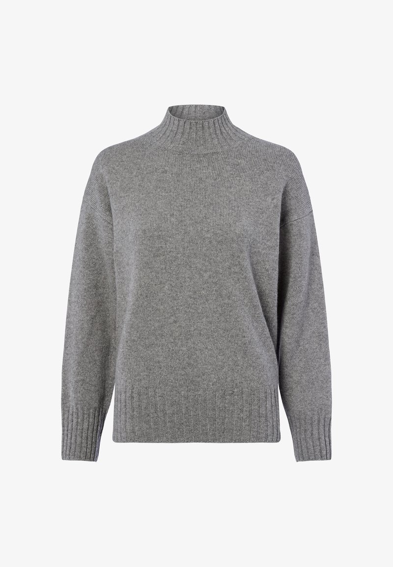 Maglione grigio con colletto alto a costine, spalle cadute e polsini e orlo a costine. Tessuto a maglia morbido con una finitura liscia.