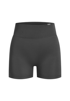 Pantalones cortos deportivos negros con una cinturilla alta, fabricados en un material suave y elástico, con costuras mínimas y sin patrones ni acentos visibles.