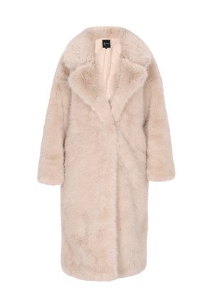 Nep bonten coat in lichtbeige, halflang met een sjawl-kragen, oversized pasvorm en zijzakken. Zachte, gestructureerde oppervlakte zonder patronen.
